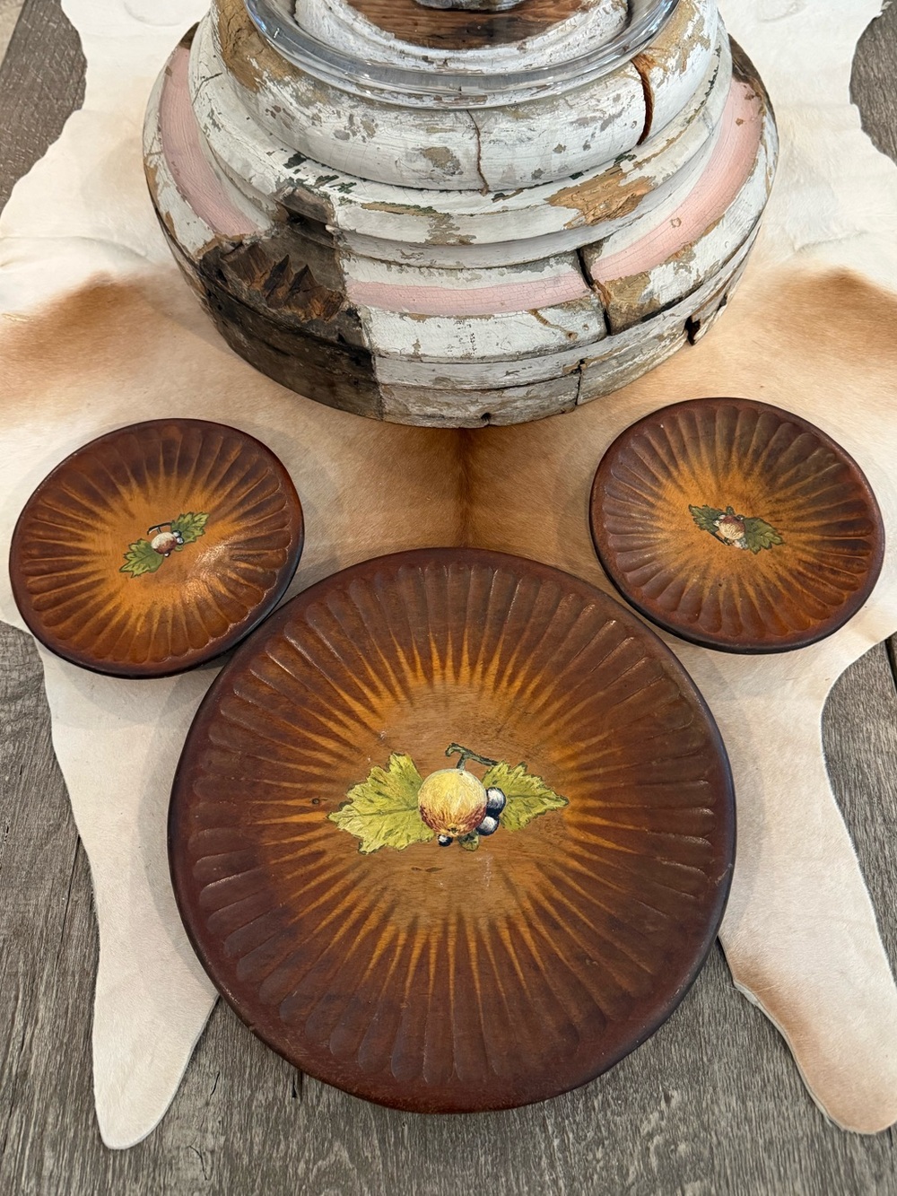 Vintage Wooden Hand-Painted Rustic Brown Fruit Motif Decorative Plates set of 3